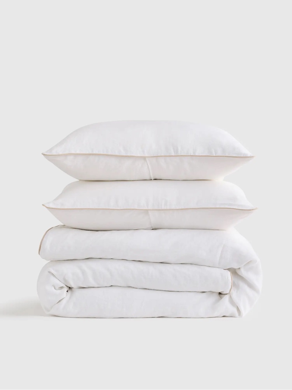 New Quince European Linen Piped Duvet Cover Set Full/Queen $184 - White/Toffee